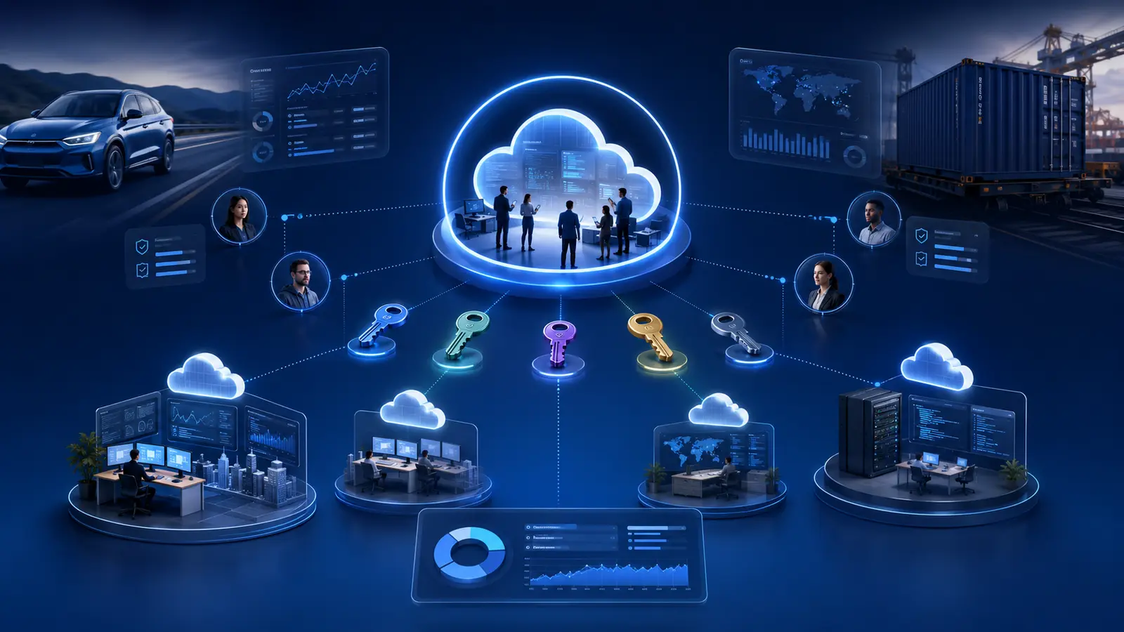 Carmen Cloud workspace connecting team members, scoped API keys, usage reporting and vehicle recognition services